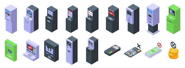 Conjunto de ícones de caixas eletrônicos quebrados Conjunto isométrico de diferentes caixas automáticos modernos com exibição de tela sensível ao toque e controle remoto