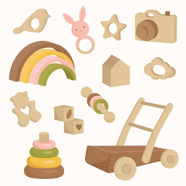 Conjunto de ícones de câmera de brinquedos de madeira para bebês em tons de terra.