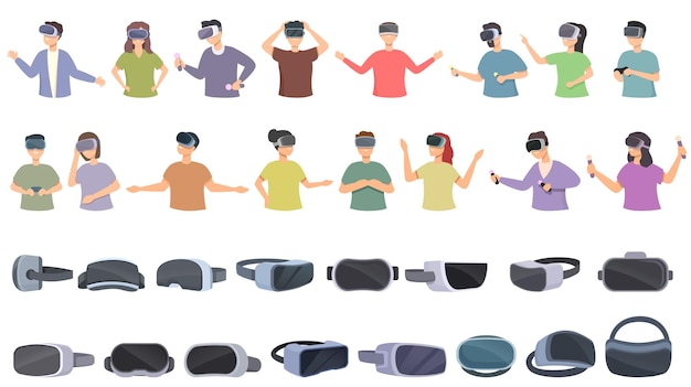 Vetor conjunto de ícones de capacete de realidade virtual vetor de desenho animado jogo vr