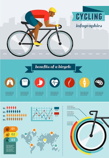 Vetor conjunto de ícones de cartaz de infográficos de vetor ciclista andando de bicicleta