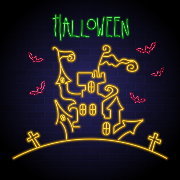 Conjunto de ícones de castelo de halloween com ilustração de elemento brilhante de luz neon