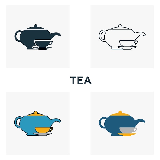 Conjunto de ícones de chá quatro elementos em diferentes estilos da coleção de ícones de bar e restaurante ícones de chá criativos cheios de contornos coloridos e símbolos planos