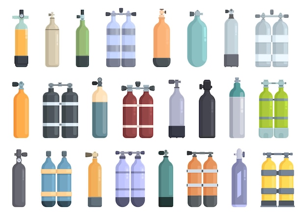 Conjunto de ícones de cilindros de mergulho vetor de desenho animado garrafa de gás