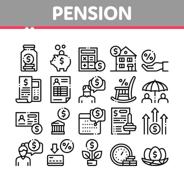 Conjunto de ícones de coleção de aposentadoria de pensão