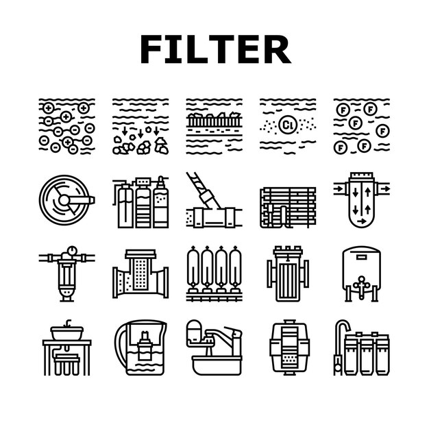 Vetor conjunto de ícones de coleção de equipamentos de filtro de água