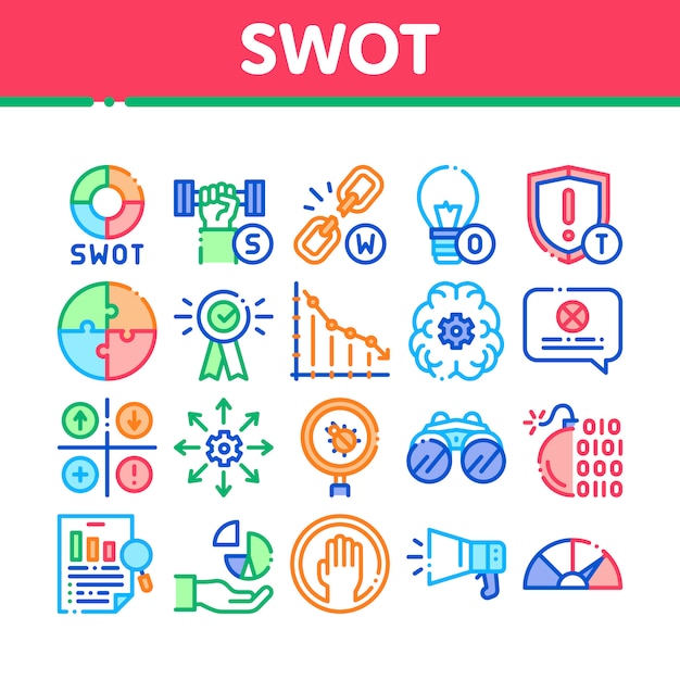 Conjunto de ícones de coleção de estratégia de análise swot