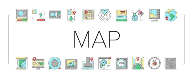 Vetor conjunto de ícones de coleção do sistema de localização de mapa