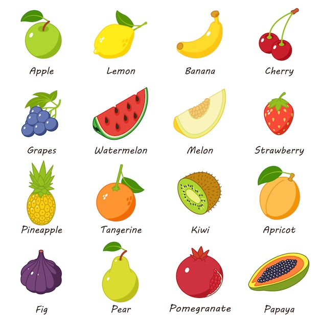 Conjunto de ícones de comida de frutas. ilustração isométrica de 16 ícones de vetor de comida fruta para web