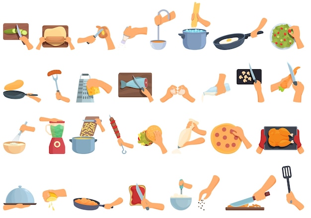 Conjunto de ícones de comida de preparação vetor de desenho animado Mãos de cozinheiro