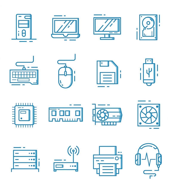 Conjunto de ícones de componentes de computador com estilo de estrutura de tópicos