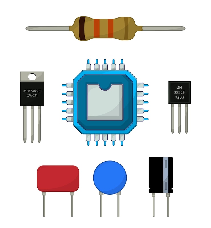 Vetor conjunto de ícones de componentes eletrônicos, conjunto de desenhos animados de resistor, ic, transistor, capacitor e registro de tensão