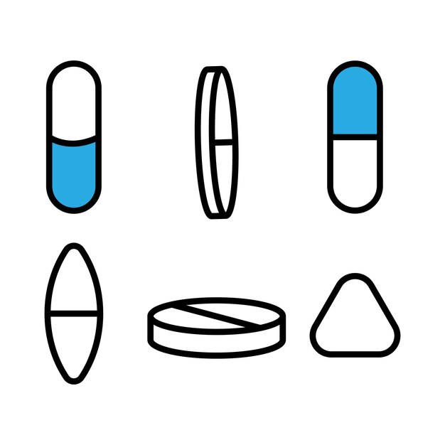 Vetor conjunto de ícones de comprimidos e cápsulas desenho vetorial simples de ícone de droga