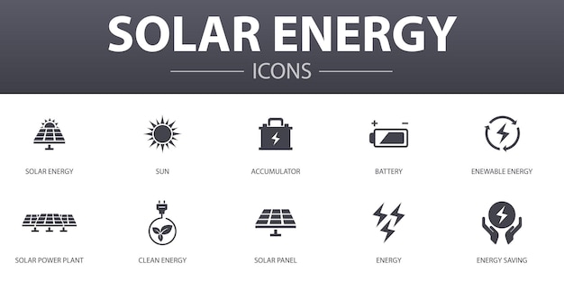 Conjunto de ícones de conceito simples de energia solar. Contém ícones como Sol, bateria, energia renovável, energia limpa e muito mais, pode ser usado para web, logotipo, UI / UX