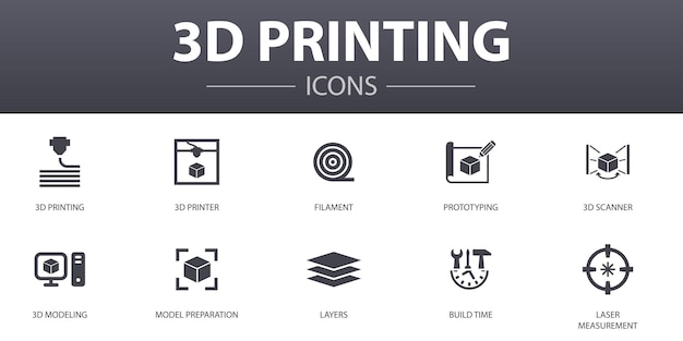 Vetor conjunto de ícones de conceito simples de impressão 3d. contém ícones como impressora 3d, filamento, prototipagem, preparação de modelo e muito mais, pode ser usado para web, logotipo, ui / ux