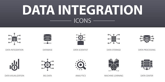 Conjunto de ícones de conceito simples de integração de dados. Contém ícones como banco de dados, cientista de dados, Analytics, Machine Learning e mais, pode ser usado para web, logotipo, UI / UX
