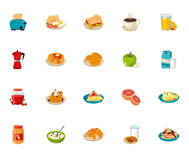 Conjunto de ícones de conjunto de vinte ingredientes de café da manhã