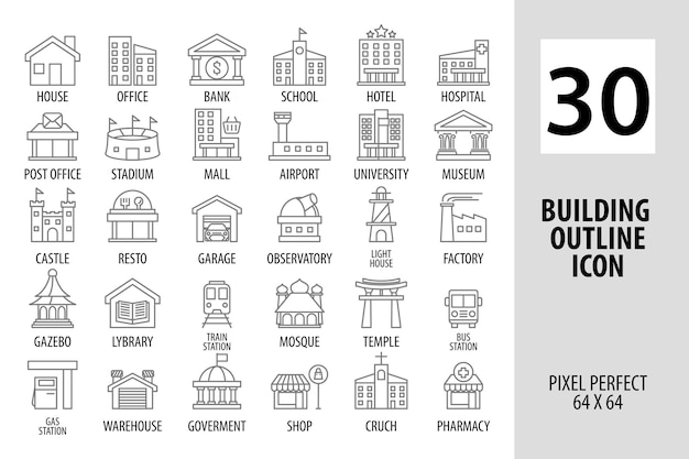 Vetor conjunto de ícones de construção, contorno de ícone, pixel perfeito para web e aplicativo móvel