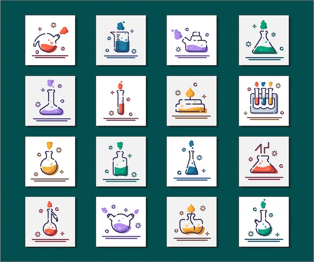 Conjunto de ícones de contorno cheio de frascos de laboratório, tubos de ensaio para experimentos científicos. laboratório químico