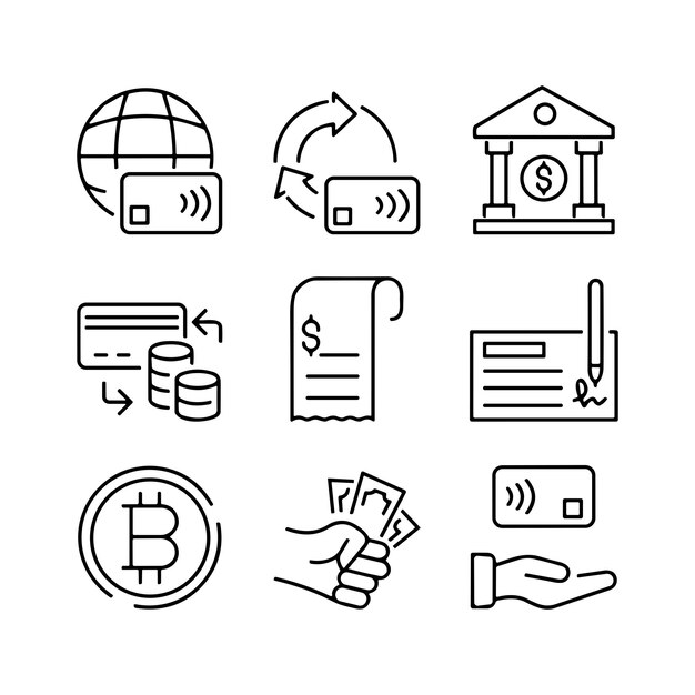 Conjunto de ícones de contorno relacionados a métodos de pagamento colecção de ícone linear traço editável
