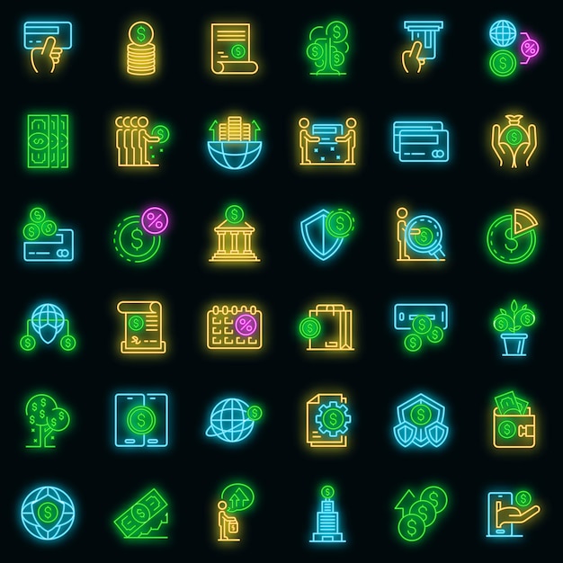 Conjunto de ícones de cooperativas de crédito. conjunto de contorno de ícones de vetor de cooperativas de crédito, cor de néon no preto