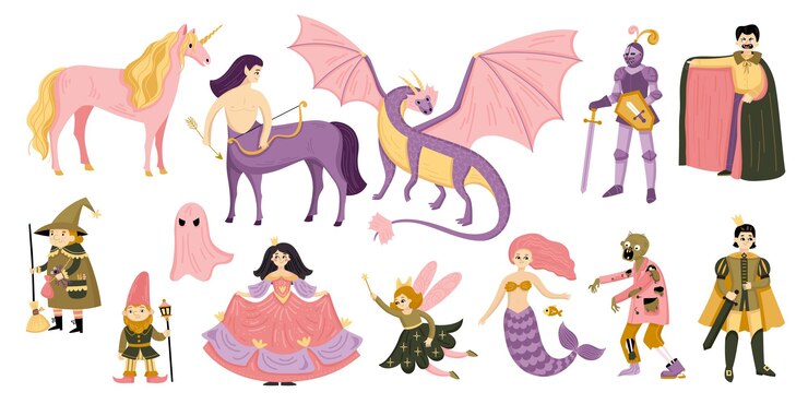 Vetor conjunto de ícones de cor de conto de fadas com conto de fadas dragão príncipe zumbi e outros personagens em ilustração vetorial de cor rosa