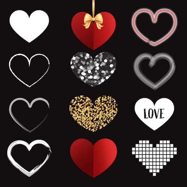 Conjunto de ícones de coração conjunto de ícones de coração pixel coração brilho coração silhueta coração desenhado à mão coração 3d