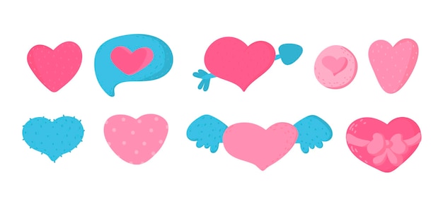 Conjunto de ícones de corações mão desenhada doodle corações coleção de corações de amor plana de desenhos animados elementos de design para o dia dos namorados ilustração vetorial