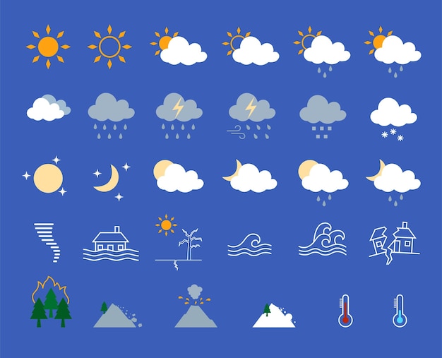 Conjunto de ícones de cores de tempo e desastres naturais vetor plano