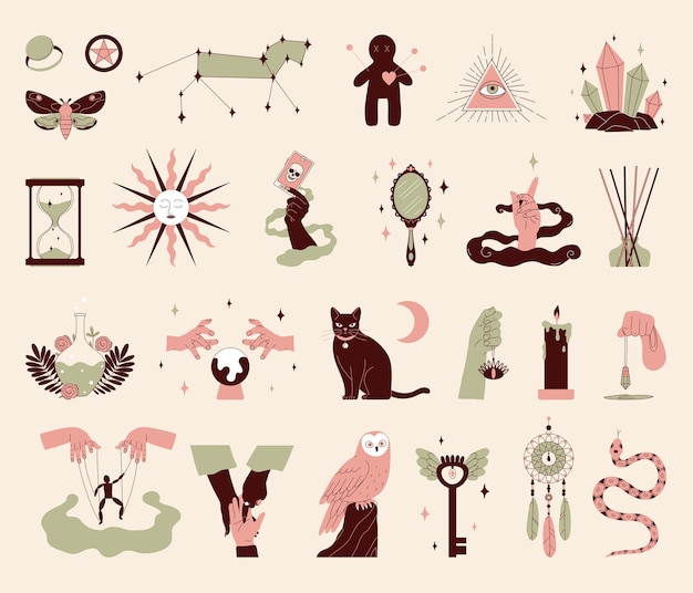 Conjunto de ícones de cores místicas de cobra ampulheta espelho mascote borboleta olho de gato crânio sol isolado ilustração vetorial