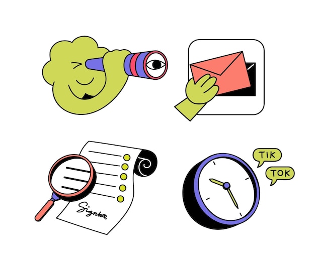 Conjunto de ícones de cores planas de Marketing Digital de Negócios com imagens de envelope de correio Relógio de documento