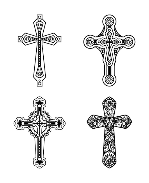 Conjunto de ícones de cruz cristã ornamentado de linha preta. ilustração