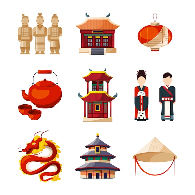 Conjunto de ícones de cultura. elementos chineses tradicionais. ilustração vetorial no estilo cartoon