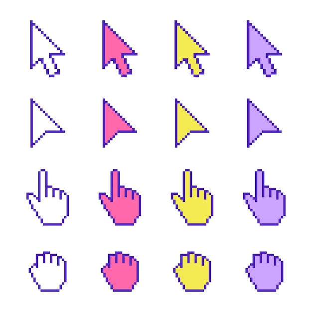 Conjunto de ícones de cursor de pixel seta de mão colorida ilustração vetorial