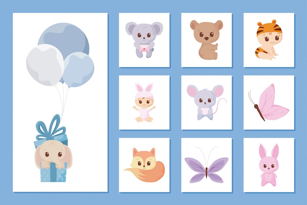 Conjunto de ícones de desenhos animados bebê chuveiro