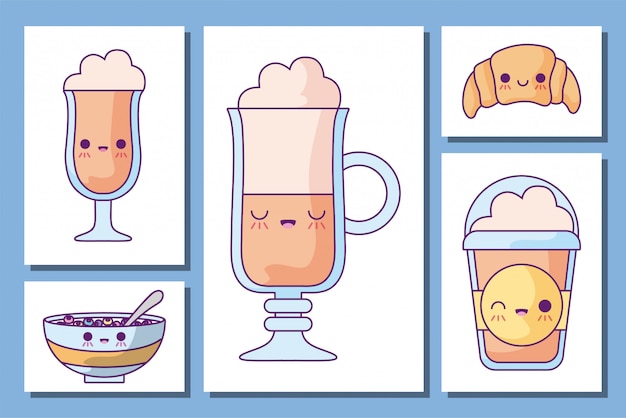 Conjunto de ícones de desenhos animados de café da manhã e comida