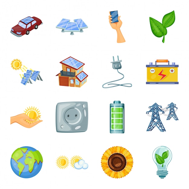 Vetor conjunto de ícones de desenhos animados de energia eco