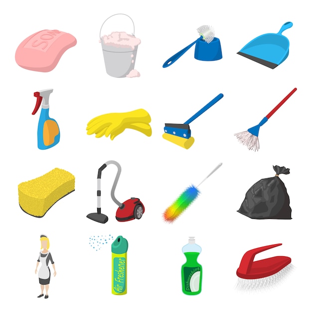 Conjunto de ícones de desenhos animados de limpeza isolado