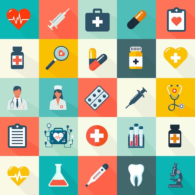 Conjunto de ícones de design plano de suprimentos médicos