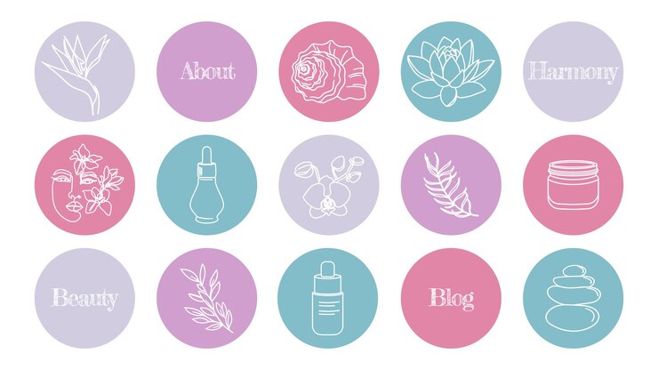 Conjunto de ícones de destaques roxos brilhantes para redes sociais de ícones para um blog sobre medicina cosmética e saúde mental
