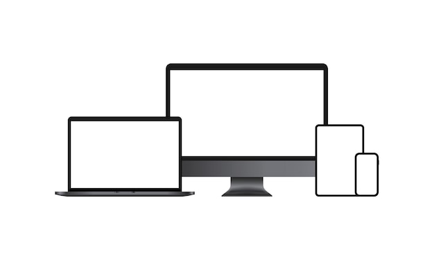 Conjunto de ícones de dispositivos realistas. monitor de computador, laptop, smartphone. tela branca em branco. vetor em fundo branco isolado. eps 10.