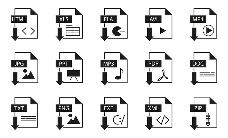 Vetor conjunto de ícones de documentos de formato preto em fundo branco