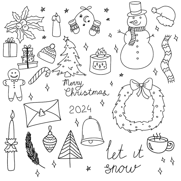 Vetor conjunto de ícones de doodle de inverno colecção de ilustrações wintry vector banner de neve estilo de arte de linha desenhado à mão