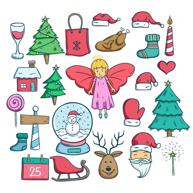 conjunto de ícones de doodle de Natal com contorno e cor no fundo branco