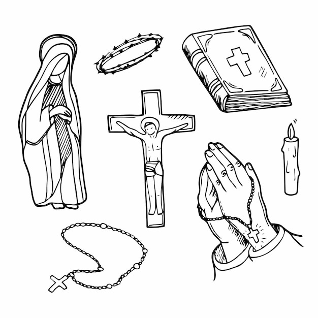 Conjunto de ícones de doodle de religião cristã. Coleção de ilustração vetorial de cristianismo.