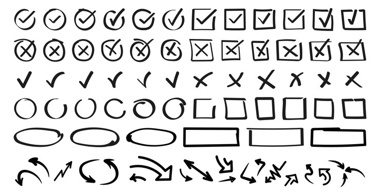 Conjunto de ícones de doodle marca de verificação desenhada à mão com diferentes setas circulares círculos quadrados e sublinha ilustração vetorial