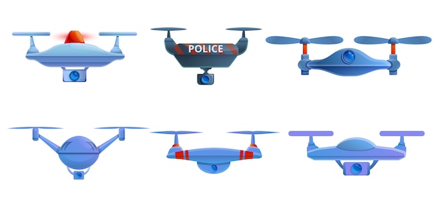 Conjunto de ícones de drone de polícia, estilo cartoon