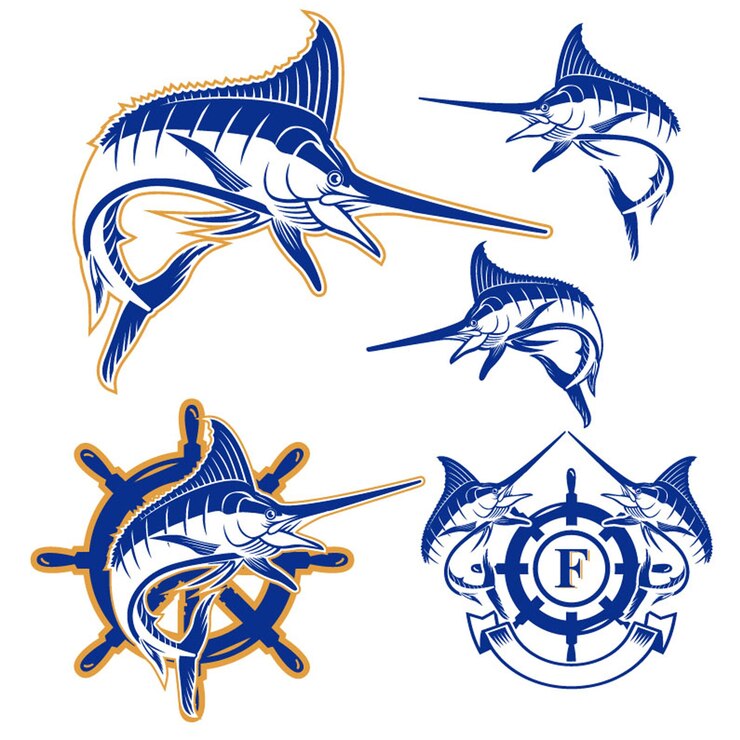 Vetor conjunto de ícones de emblemas de peixe marlin vectorial