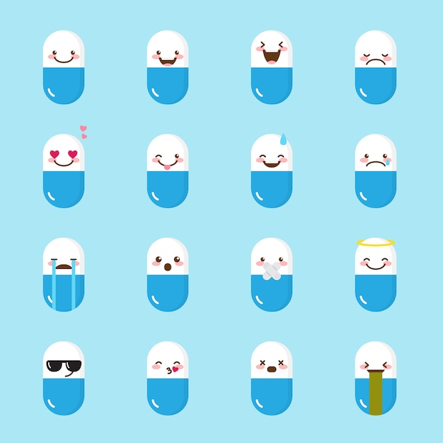 Conjunto de ícones de emoji de medicamento pílula