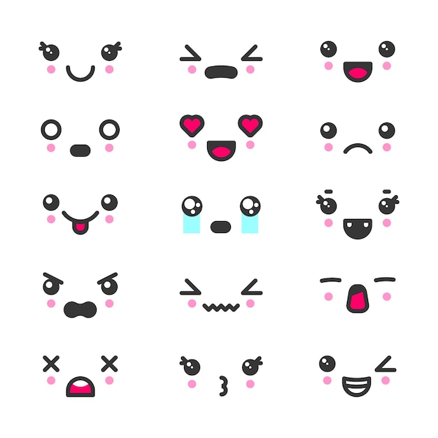 Conjunto de ícones de emoticons de rostos bonitos kawaii. personagens e emoji, desenhos de ícones adoráveis