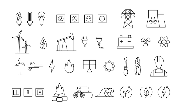 Vetor conjunto de ícones de energia mínimos ícones de linha todos os tipos de recursos de energia